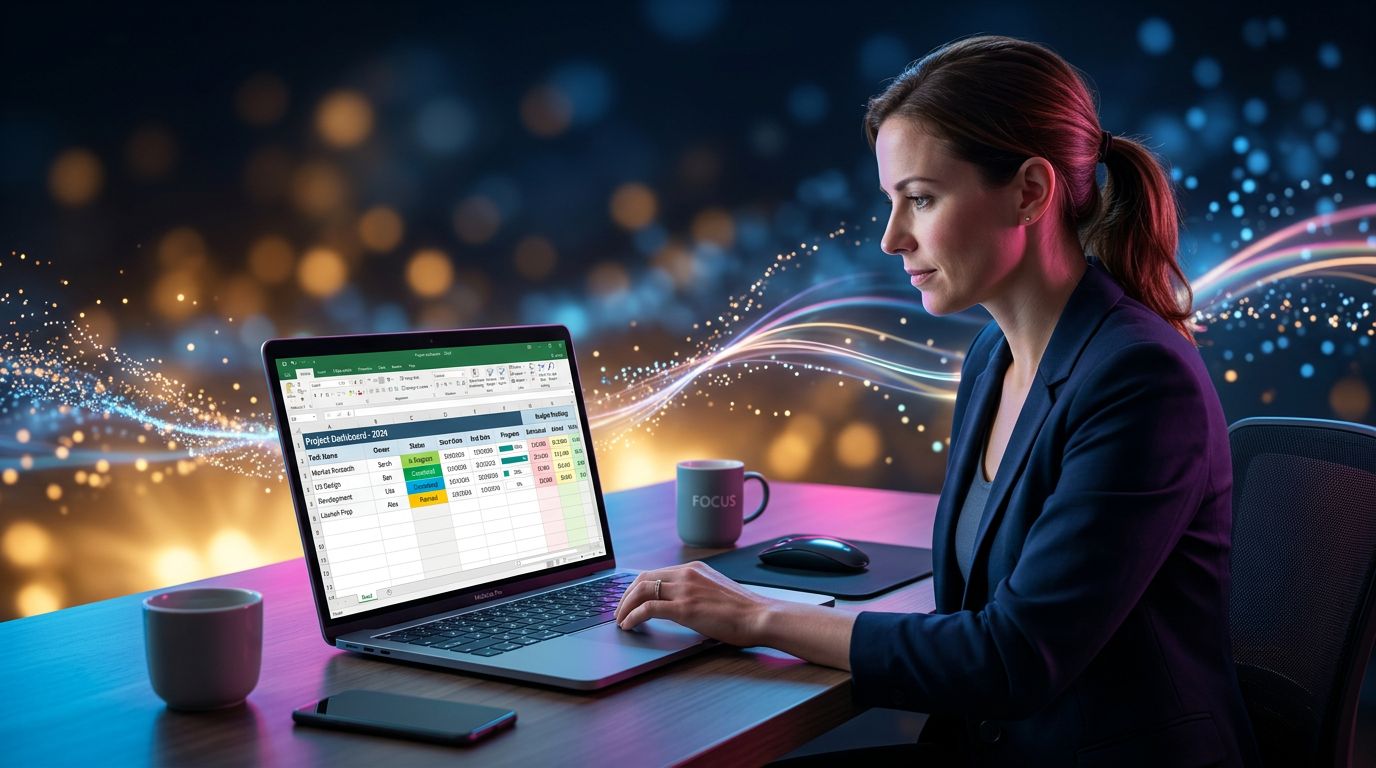 An Excel project management template open on a laptop, with colored columns and progress bars