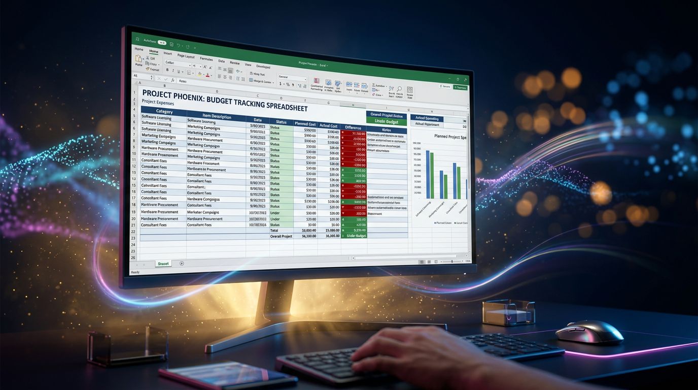An Excel budget tracking table with planned vs. actual columns and color-coded indicators