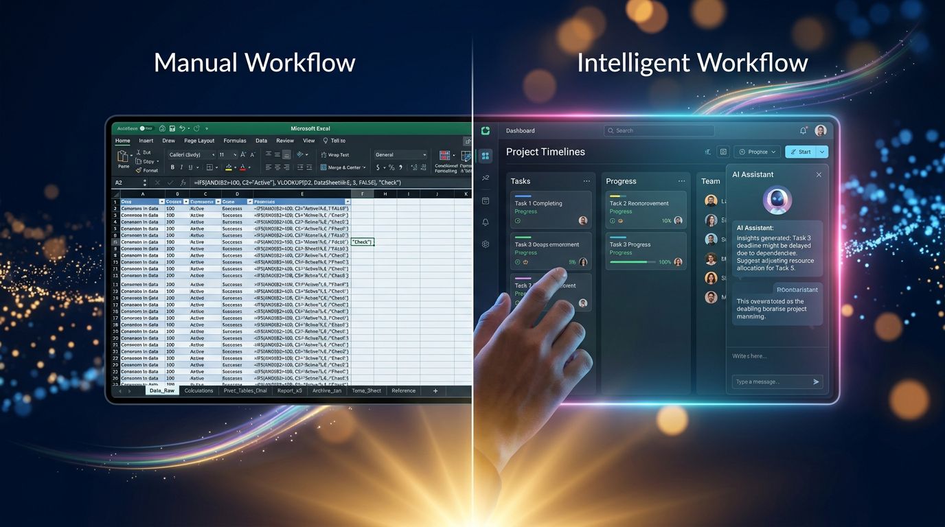 Comparison between a complex Excel spreadsheet and a modern project management interface with integrated AI