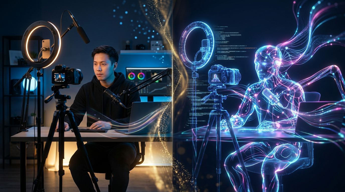 Illustration showing a human creator and an AI generating identical content, the boundary between the two blurred