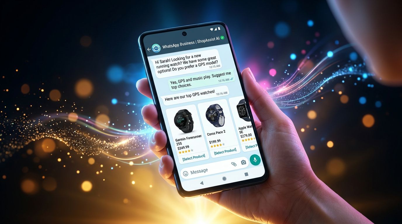 Screenshot of a WhatsApp conversation with a commercial AI agent helping a customer choose a product