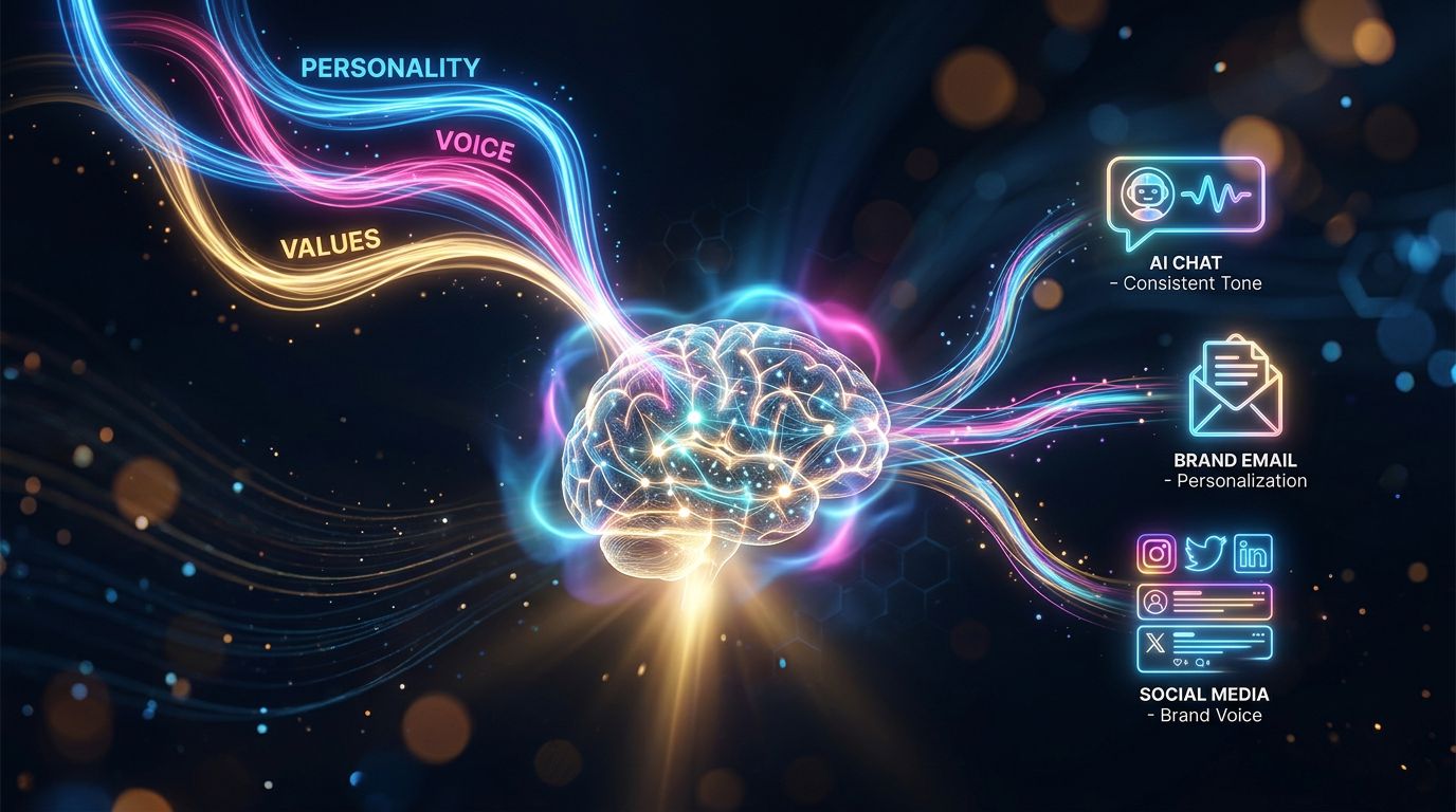 Abstract visualisation of a brand identity integrating into an AI agent to personalise every communication channel