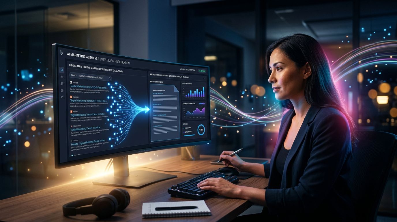 Interface d'un agent IA qui intègre des résultats de recherche web en temps réel dans un workflow marketing