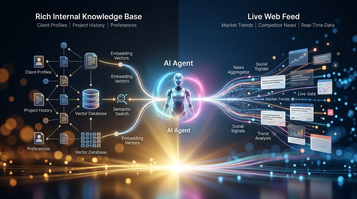 Schéma comparatif montrant la mémoire interne d'un agent IA versus ses capacités de recherche web en temps réel