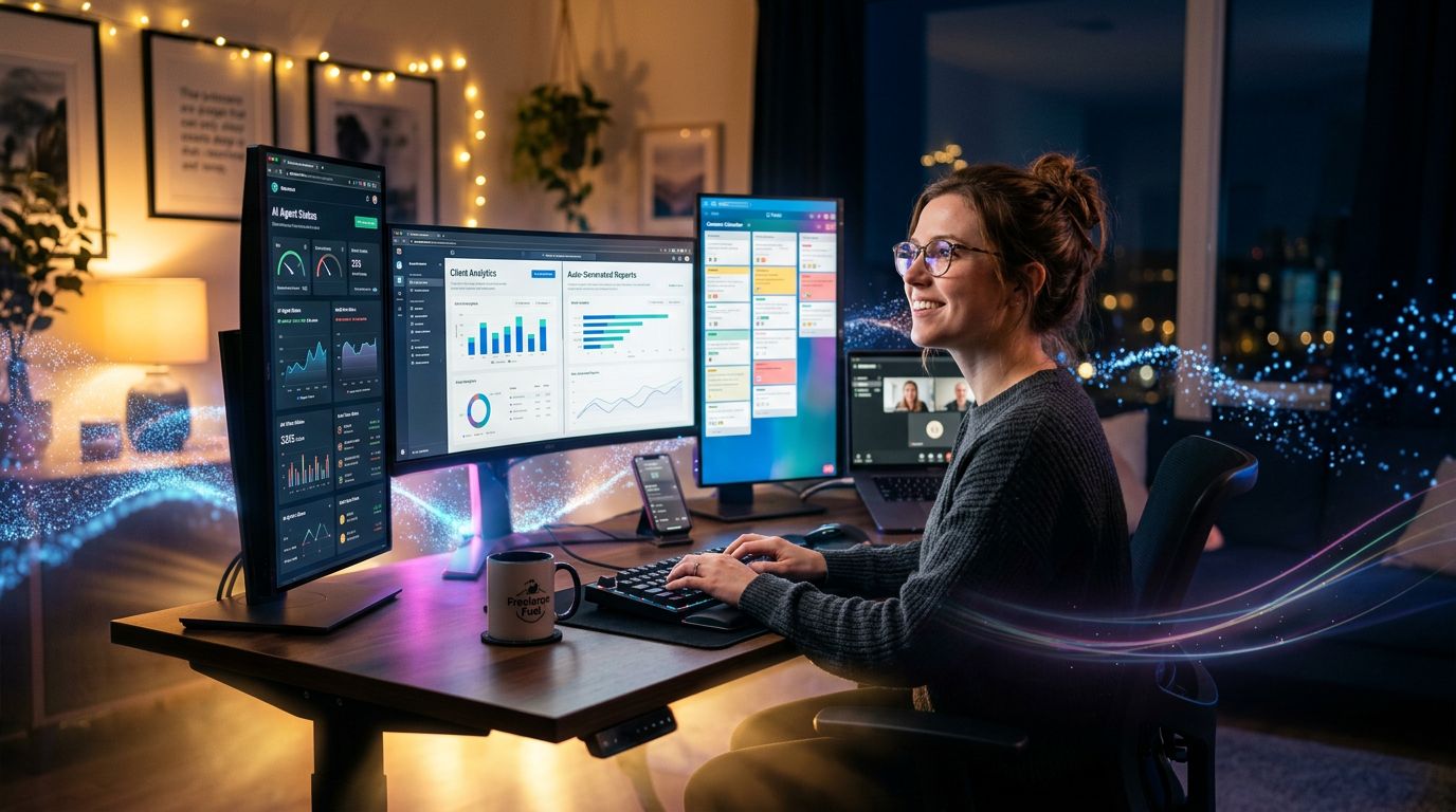 Freelance marketing qui supervise des agents IA gérant la veille web et la génération de rapports clients