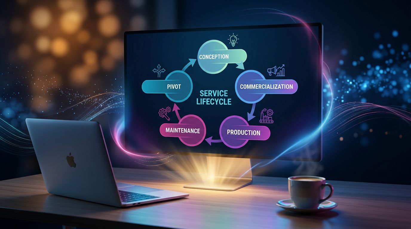 Schéma du cycle de vie d'un service freelance avec ses cinq phases principales