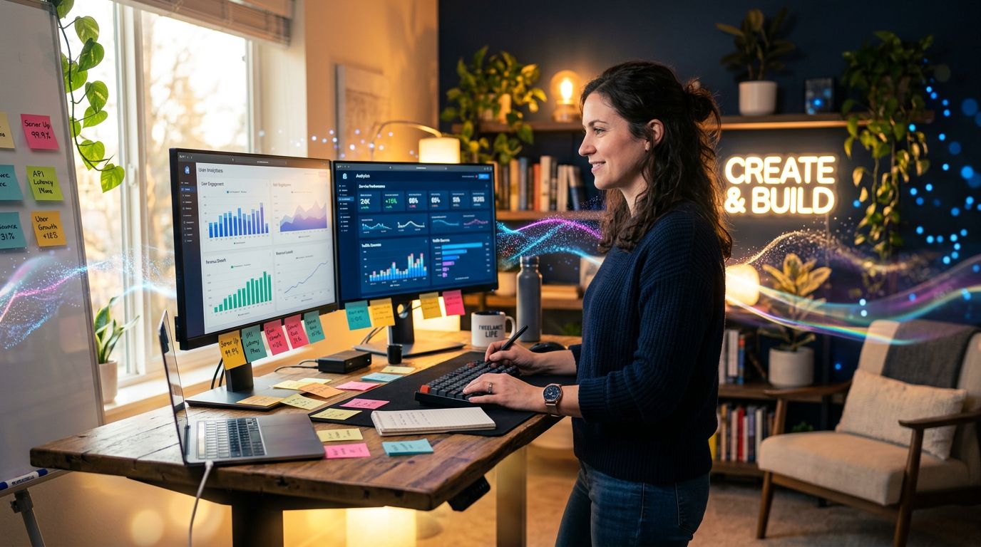 Freelance analysant les performances de ses services sur des tableaux de bord analytiques