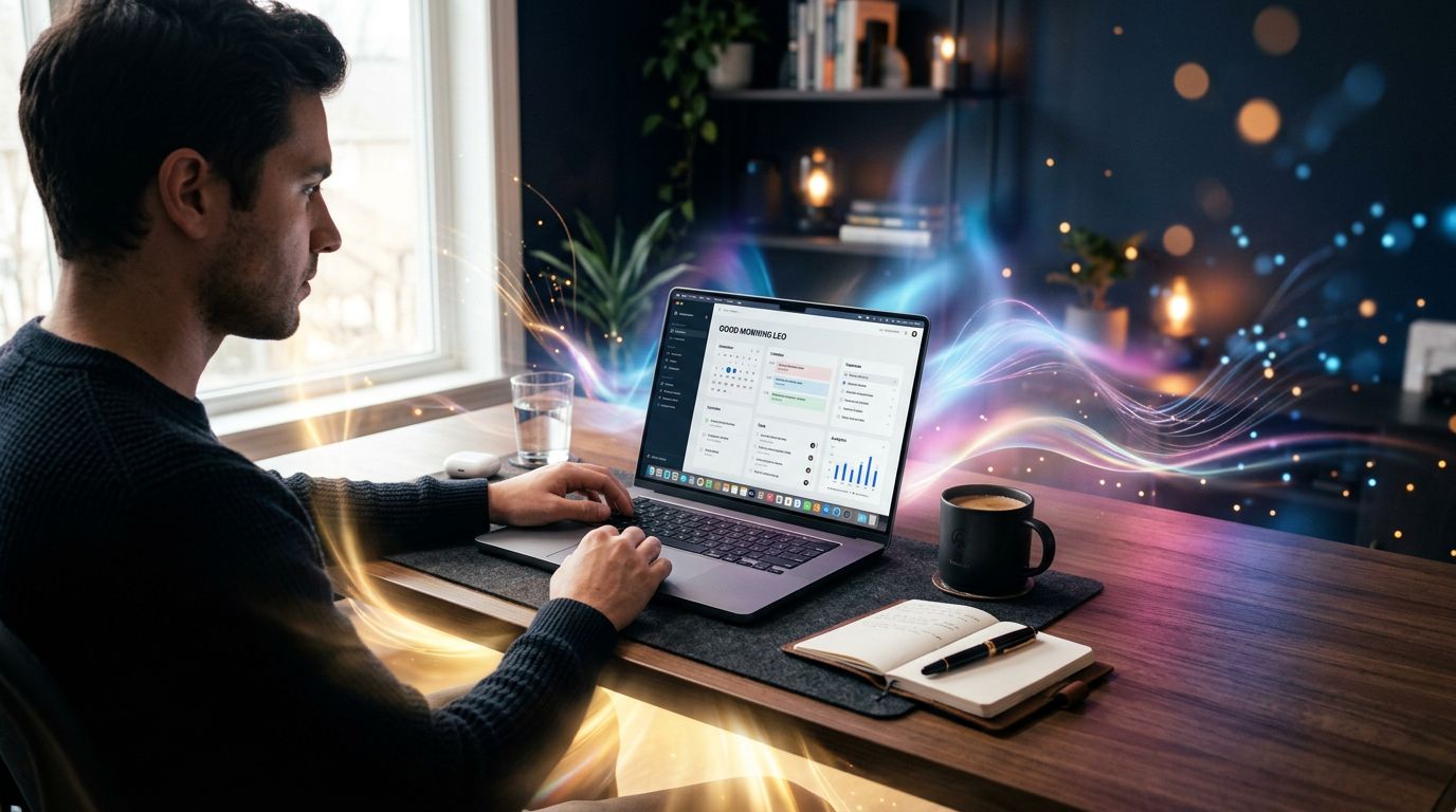 Bureau minimaliste premium avec dashboard IA sur MacBook, ambiance productive et soignée