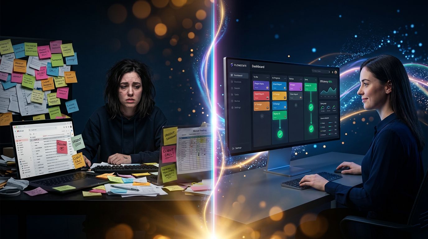 Comparaison entre workflow manuel chaotique et système automatisé organisé pour freelance