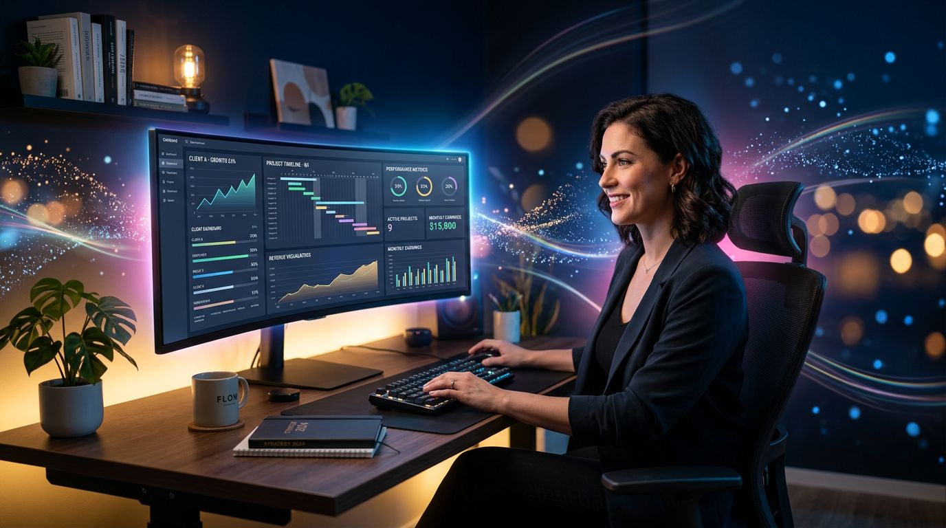 Freelance premium analysant ses métriques clients sur un poste de travail haut de gamme