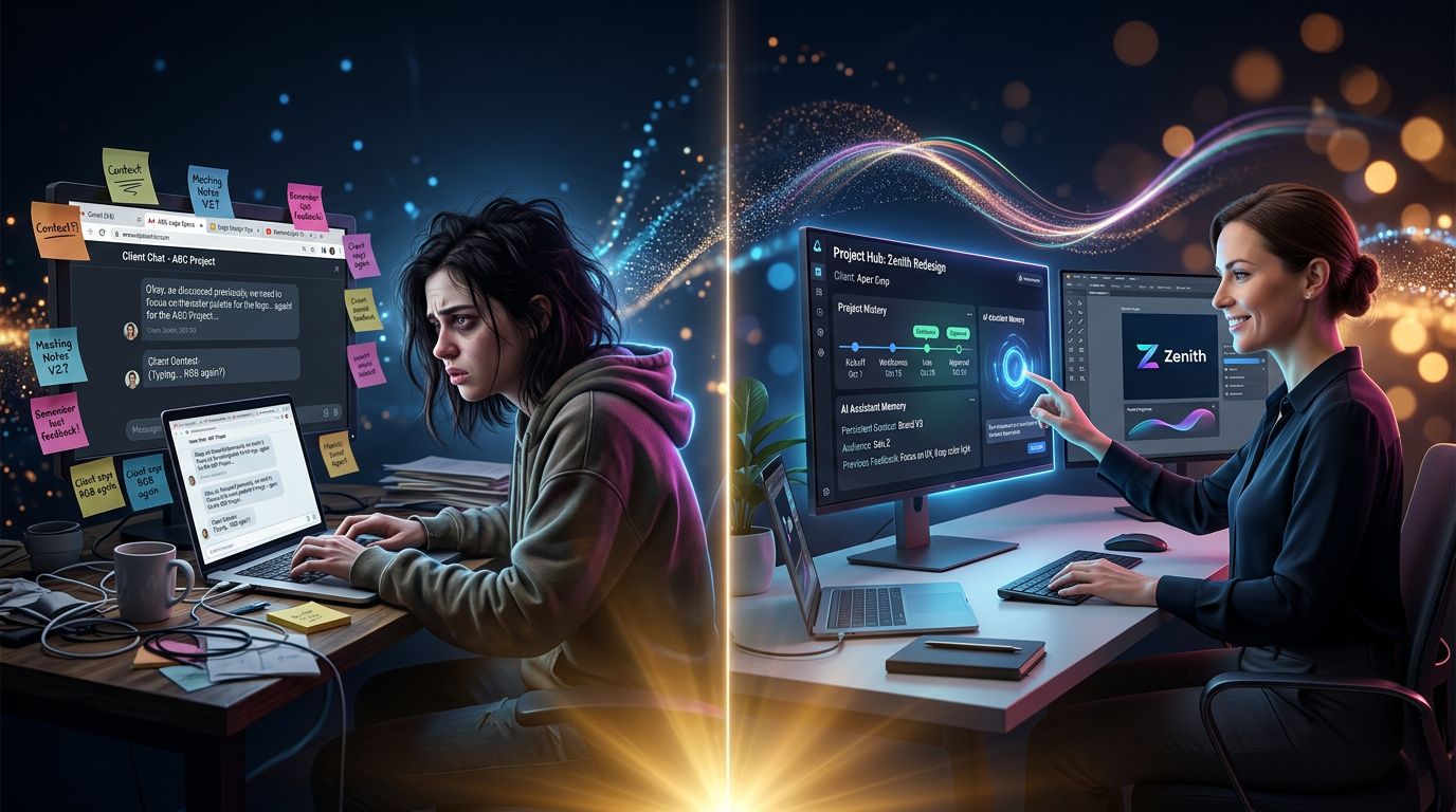 Illustration comparing a freelancer re-explaining client context to an AI versus another delegating efficiently through persistent memory