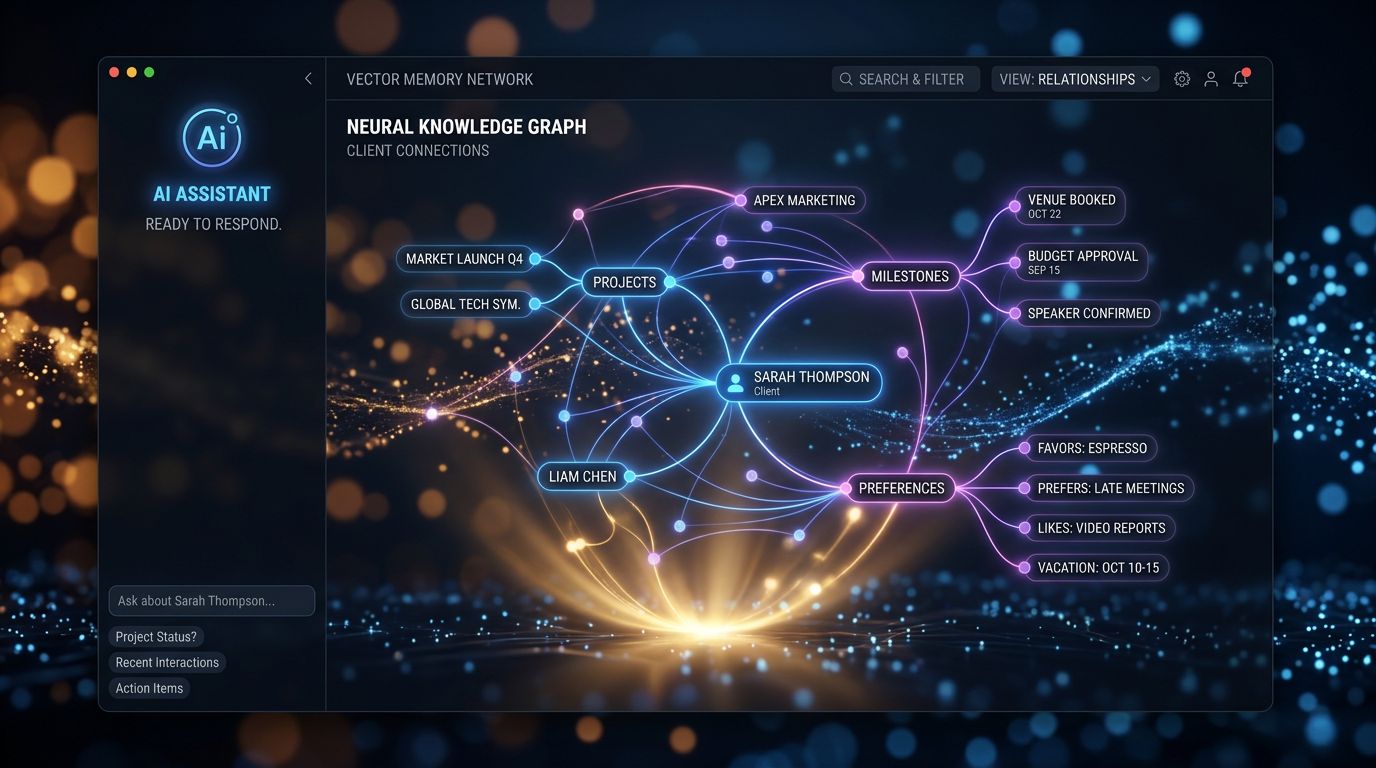 Diagram illustrating vector memory linking clients, projects, and preferences in a modern AI interface