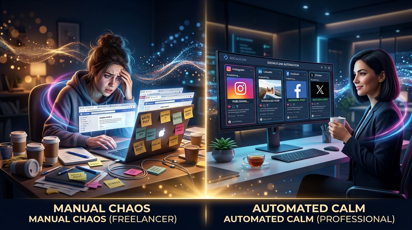 Comparison between stressful manual social content creation and smooth automated publishing