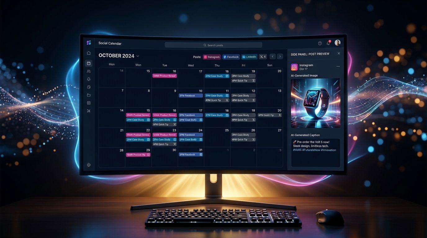 Social media scheduling dashboard with AI-generated content and multi-platform editorial calendar