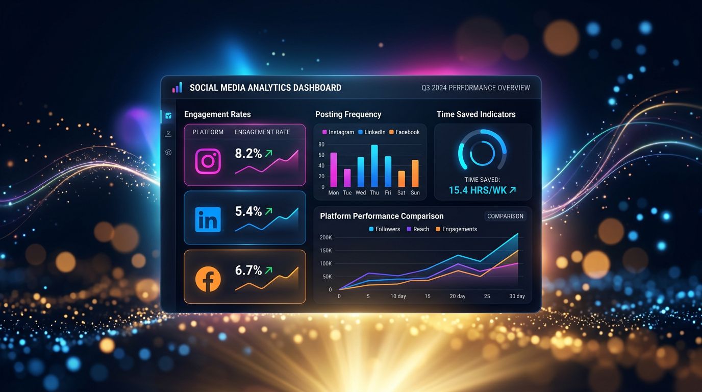 Social media analytics dashboard showing engagement metrics and time saved through automation
