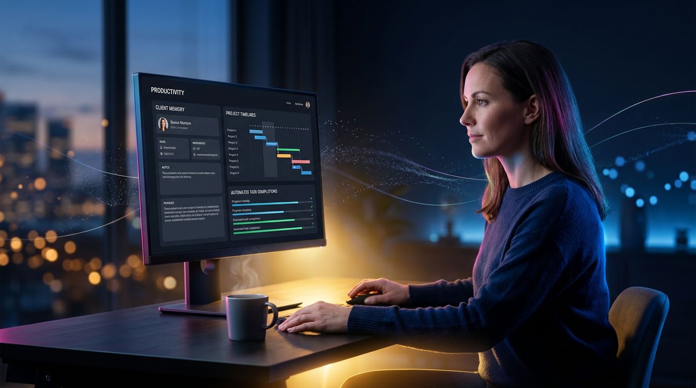 Un freelance consulte son tableau de bord de productivité avec mémoire client et suivi de projets automatisés