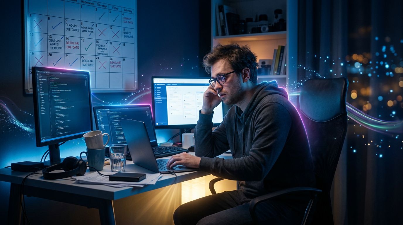 Exhausted freelancer in front of multiple screens at night, stacked coffee cups, tired face