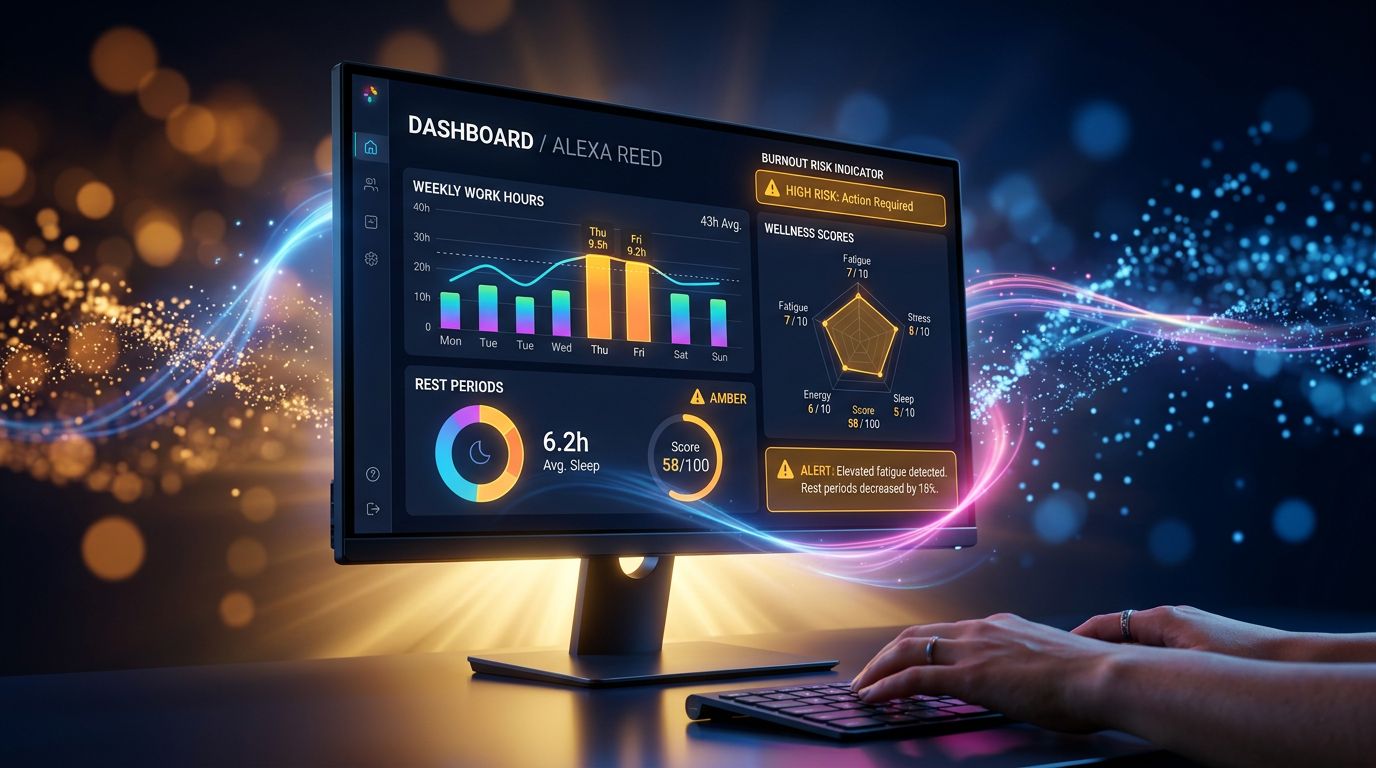 Analytical productivity dashboard with burnout risk indicators and visual alerts