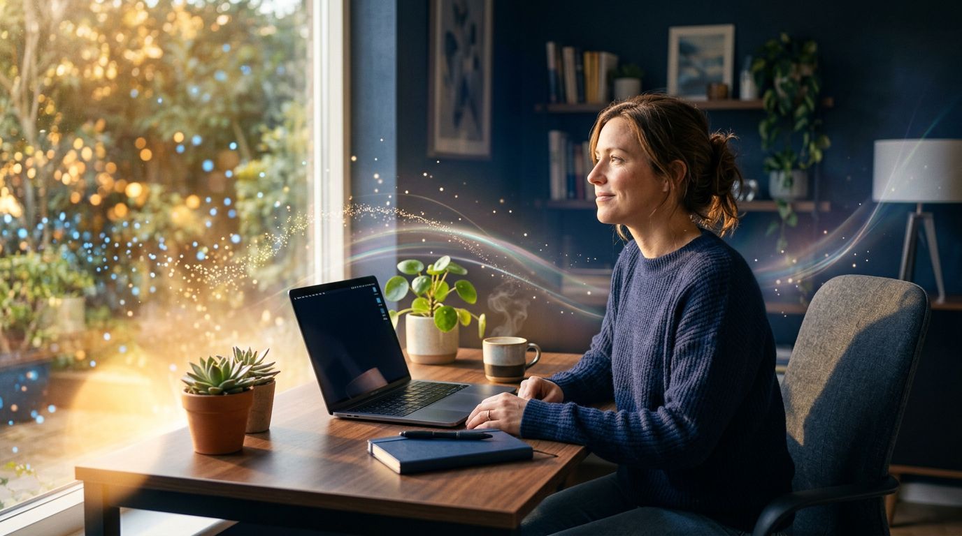 Bright, calm workspace with plants, closed notebook and natural light, evoking intentional pause
