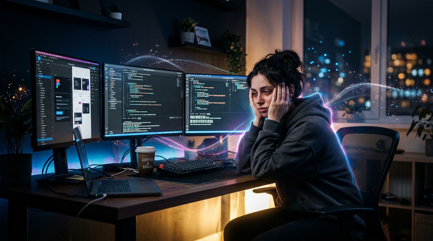 Exhausted freelancer in front of screens, visible burnout warning signs