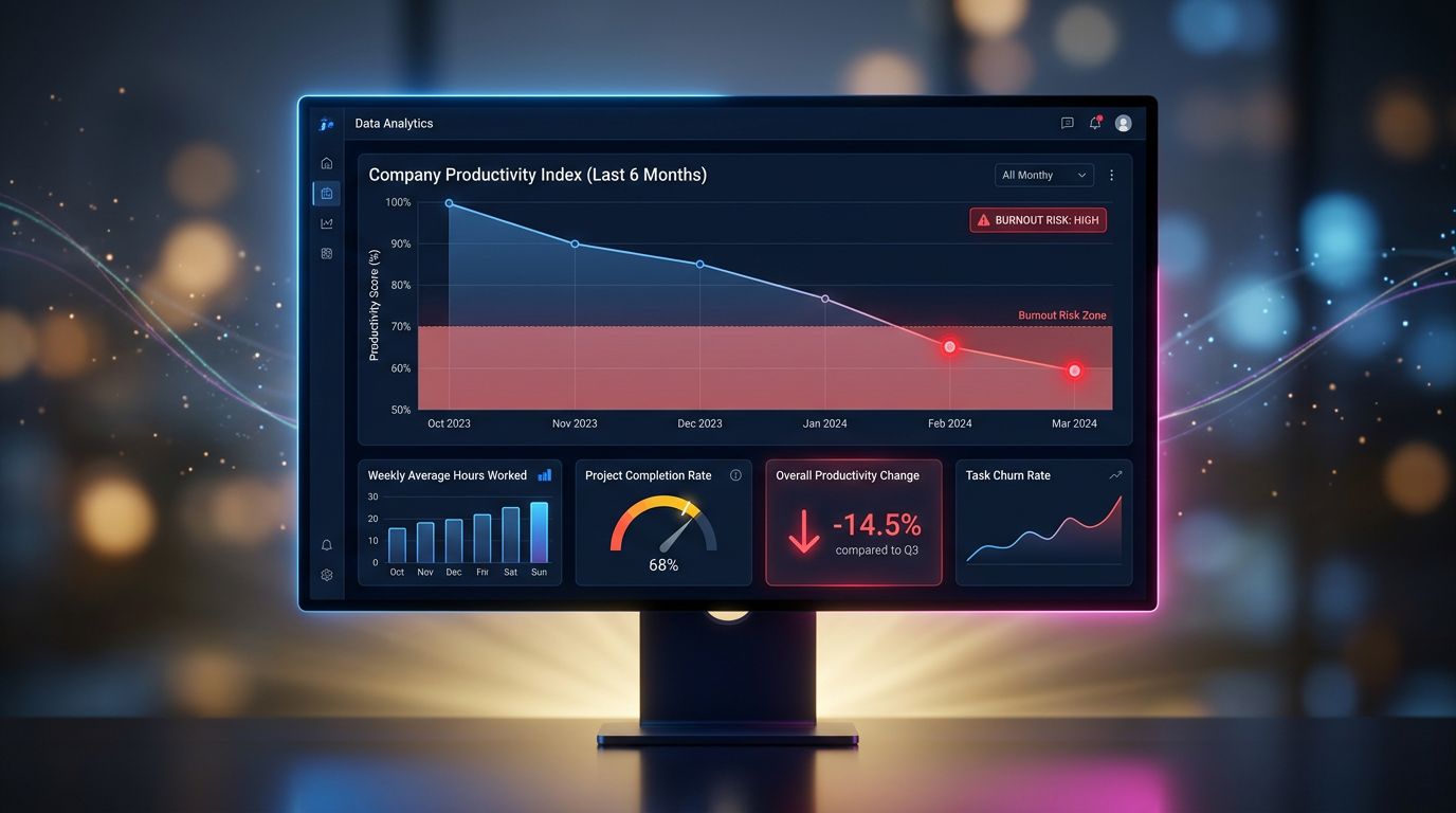 Analytics dashboard showing a declining productivity curve with burnout risk indicators