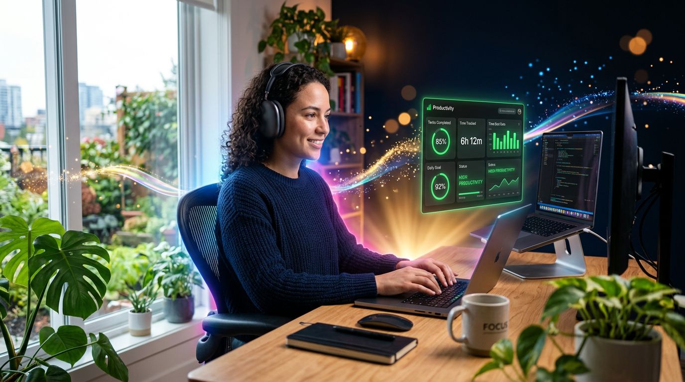 Healthy freelancer working in an organized space with productivity indicators in the green