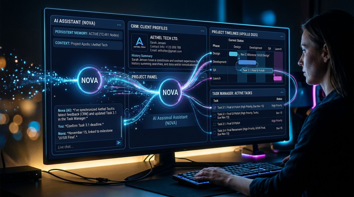 AI assistant interface with persistent memory, integrated CRM and project management