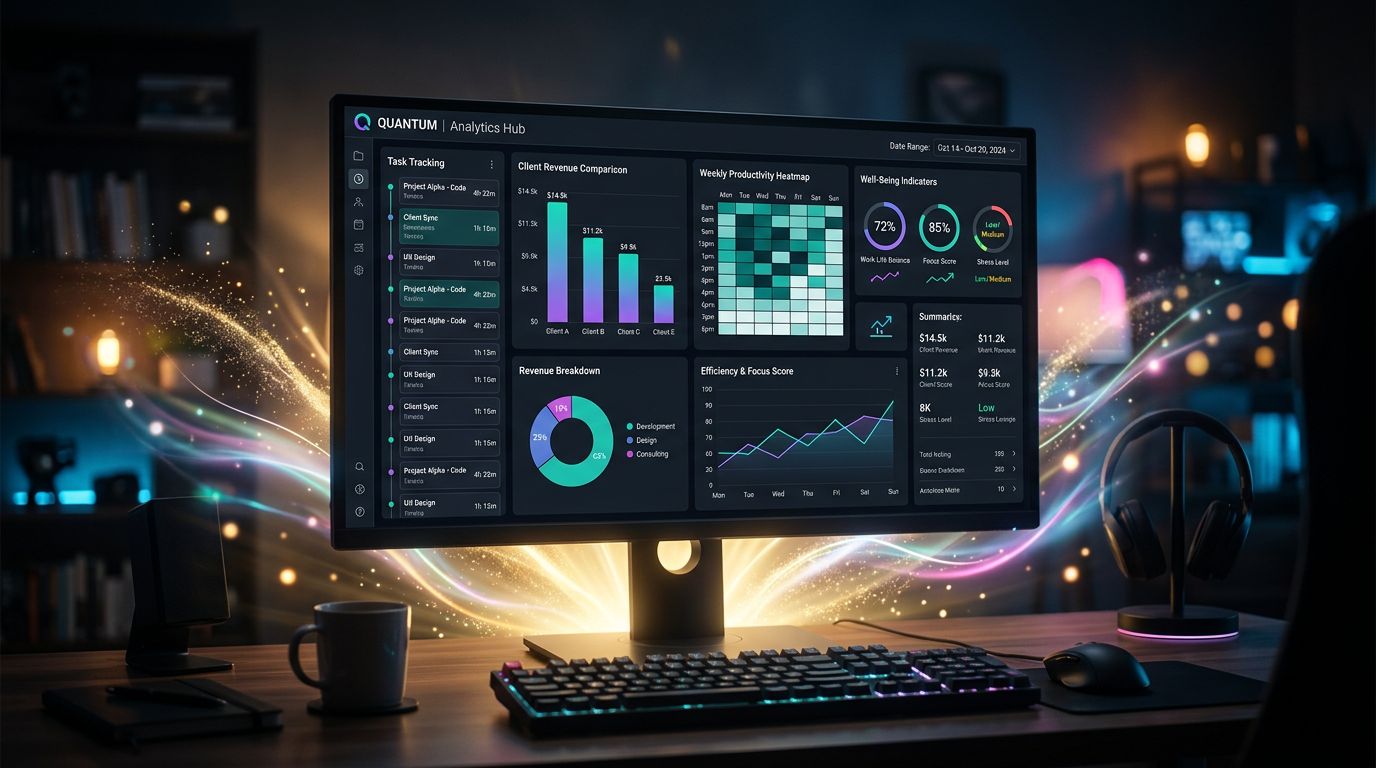 Analytics dashboard with task-level time tracking, client comparison, and well-being indicators