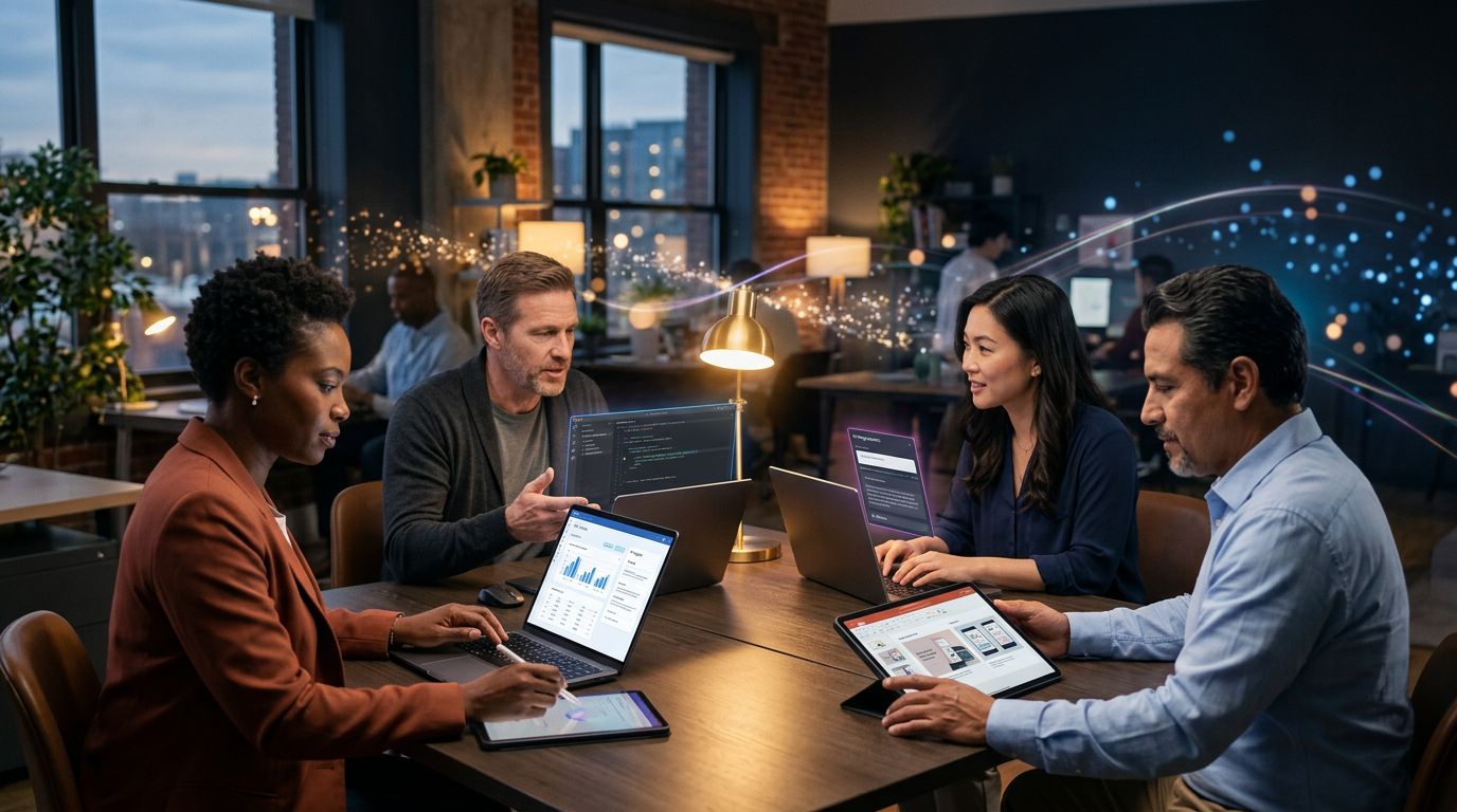 Professionals aged 35 to 55 naturally using AI tools in a modern office