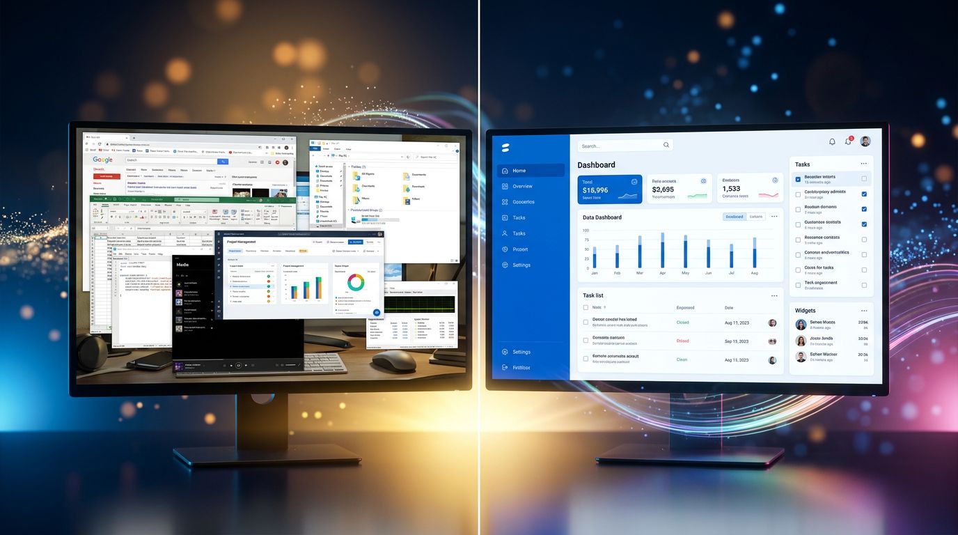Comparison between a fragmented desktop with multiple apps and a unified, clean interface