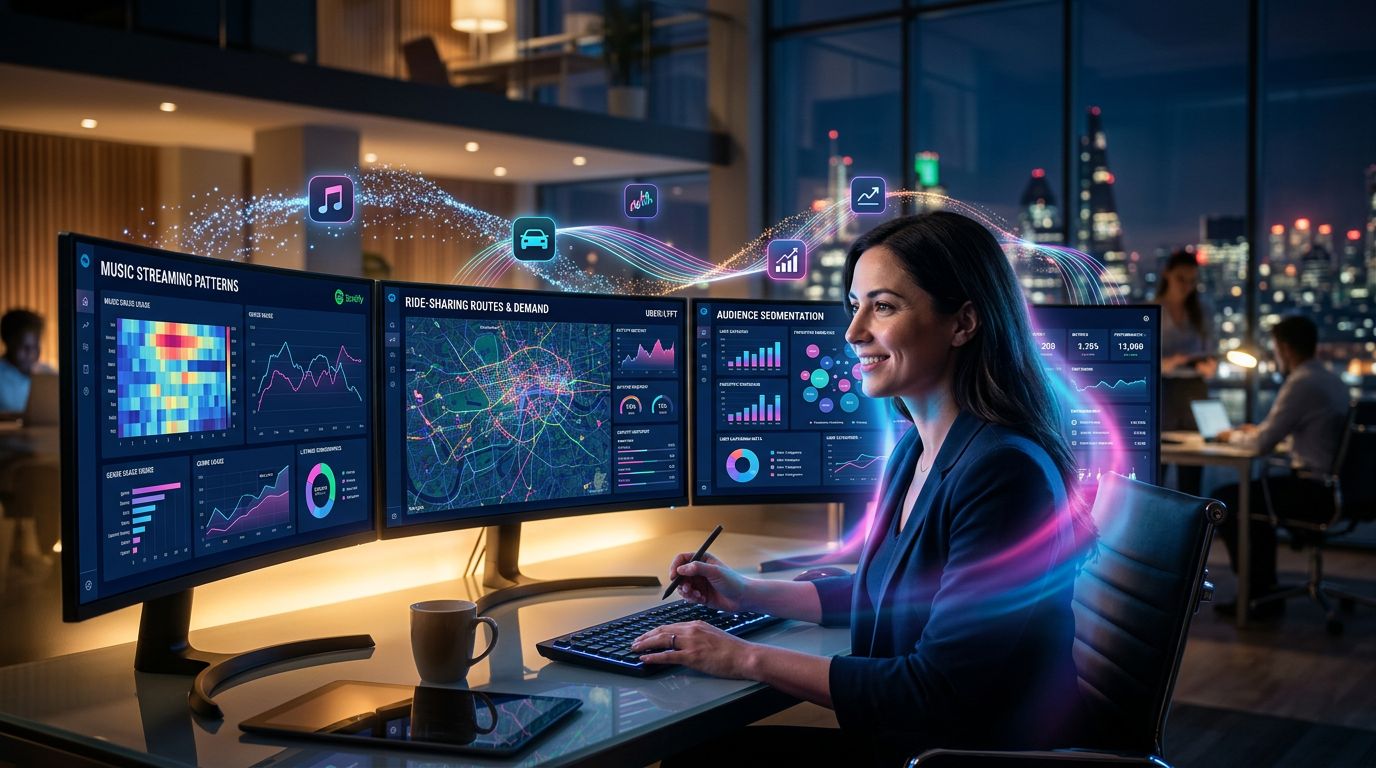 Marketer analyzing behavioral data from apps like Spotify and Uber across multiple screens