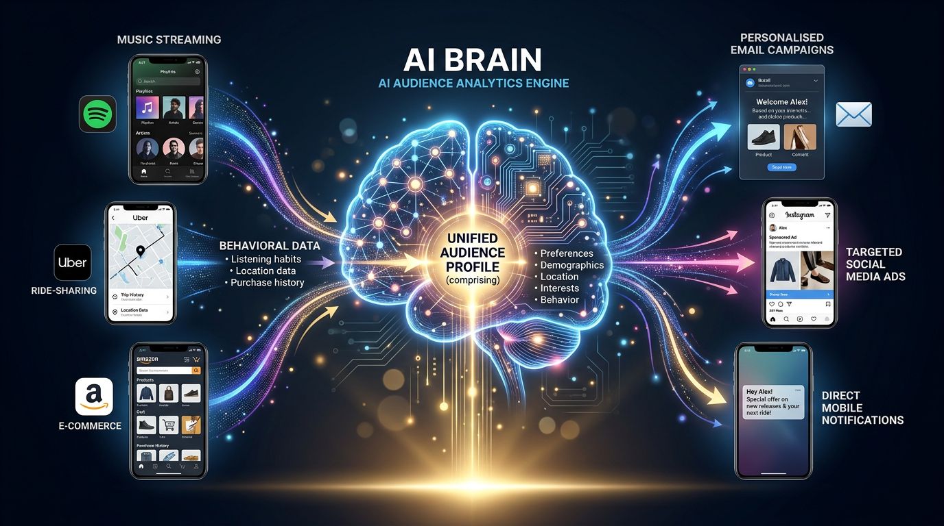 Diagram illustrating how AI connects behavioral data from multiple apps to create personalized marketing campaigns