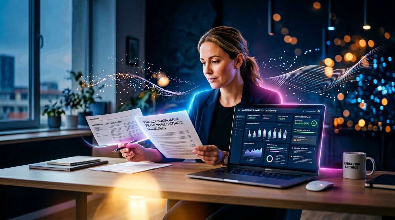Marketer balancing AI data analysis and GDPR compliance in a modern work environment