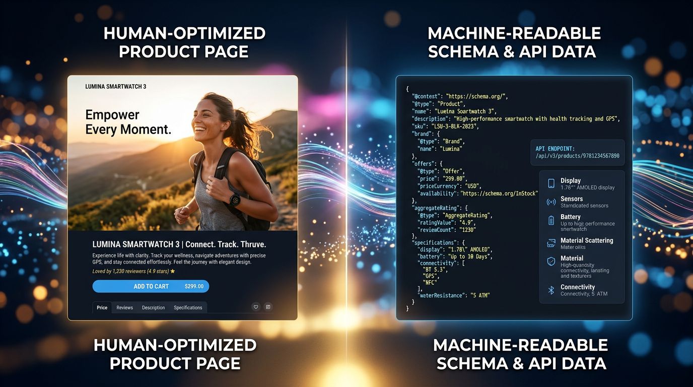 Side-by-side comparison of a human-optimised product page and a version readable by AI agents
