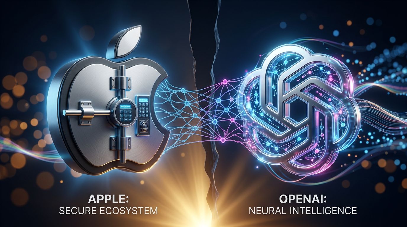 Illustration of the tense partnership between Apple and OpenAI, two logos facing each other separated by a digital border
