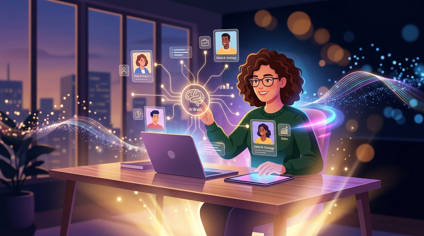 A freelancer surrounded by client files and data nodes connected to a central AI, illustrating context ownership
