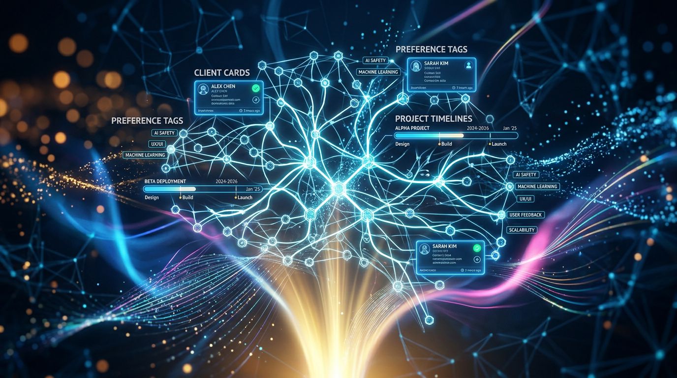 Visualization of an AI memory system with client and project files stored in an organized neural network