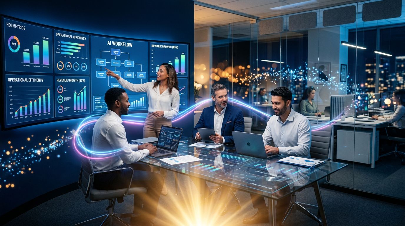 Business consultants analyzing AI dashboards and digital transformation metrics