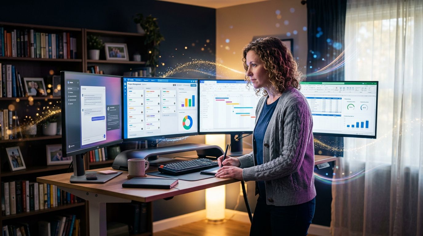 A freelance consultant working across multiple screens displaying AI tools and client dashboards
