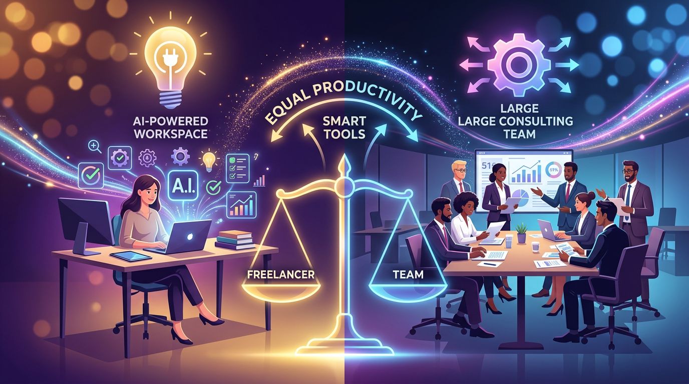 Visual comparison between a freelancer equipped with AI tools and a large enterprise consulting team
