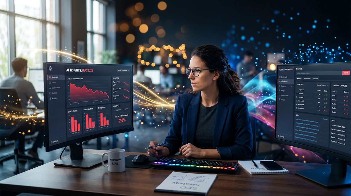 Professionnel du marketing digital analysant des données SEO et contenu IA sur deux écrans