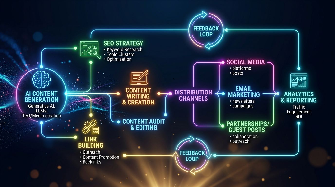 Diagramme de workflow marketing montrant l'IA comme un maillon parmi d'autres dans une stratégie SEO complète