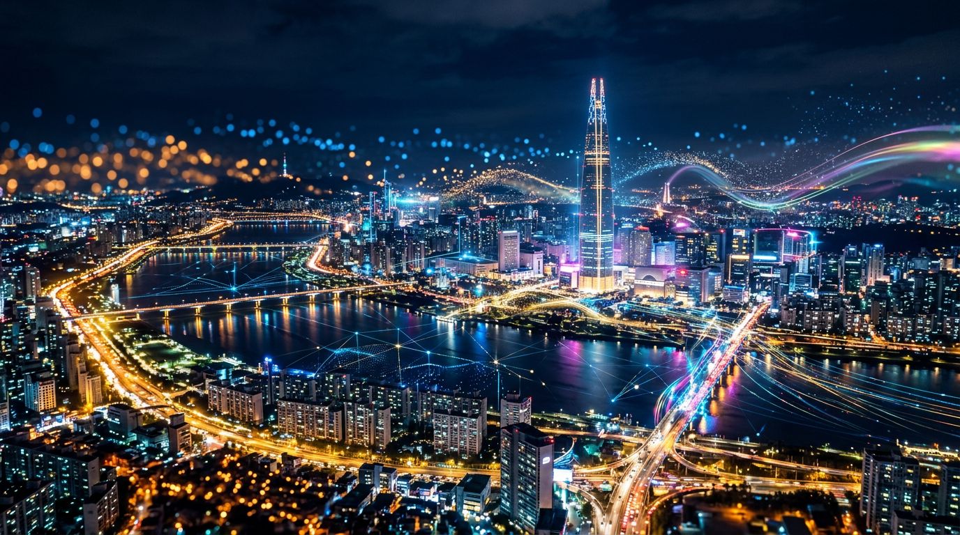 Aerial night view of Seoul with its illuminated digital infrastructure and smart city atmosphere