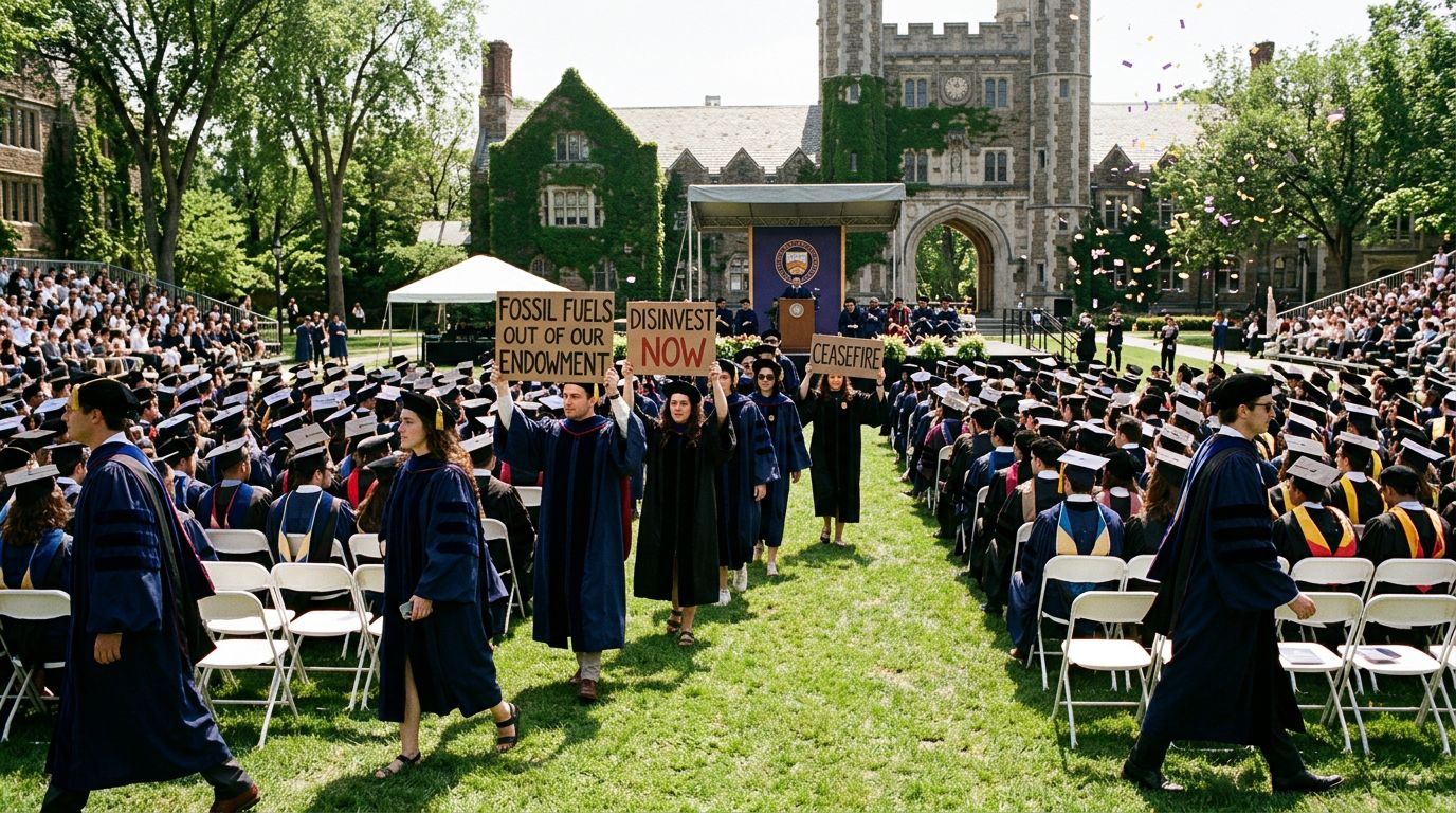 Students in caps and gowns holding banners during a graduation ceremony at Stanford University