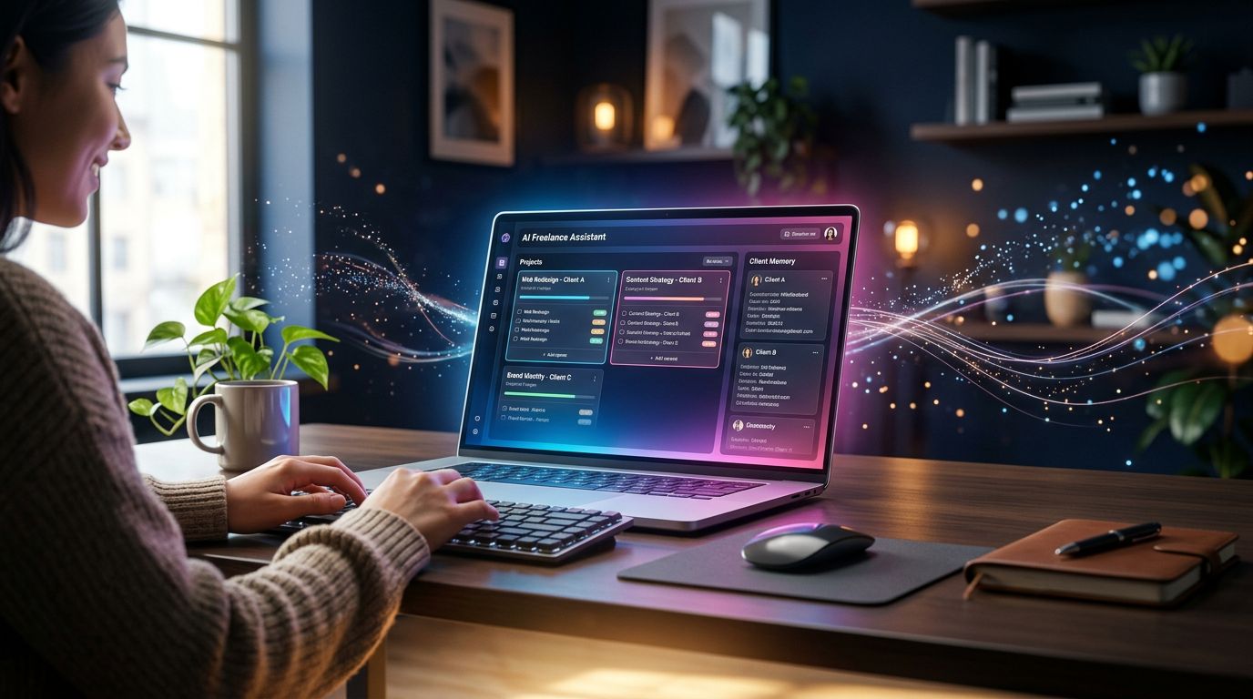 AI assistant interface with client memory and project management on a modern freelance desk setup