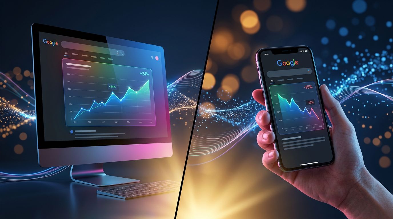 Graphique comparatif CTR desktop en hausse versus CTR mobile en baisse sur Google Search