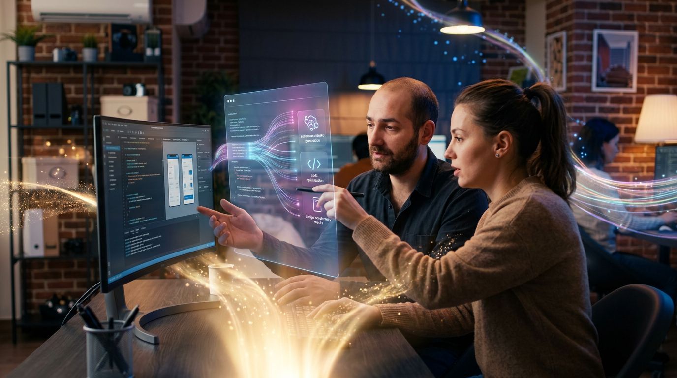 Designer et développeur collaborant avec des outils IA dans un studio créatif moderne