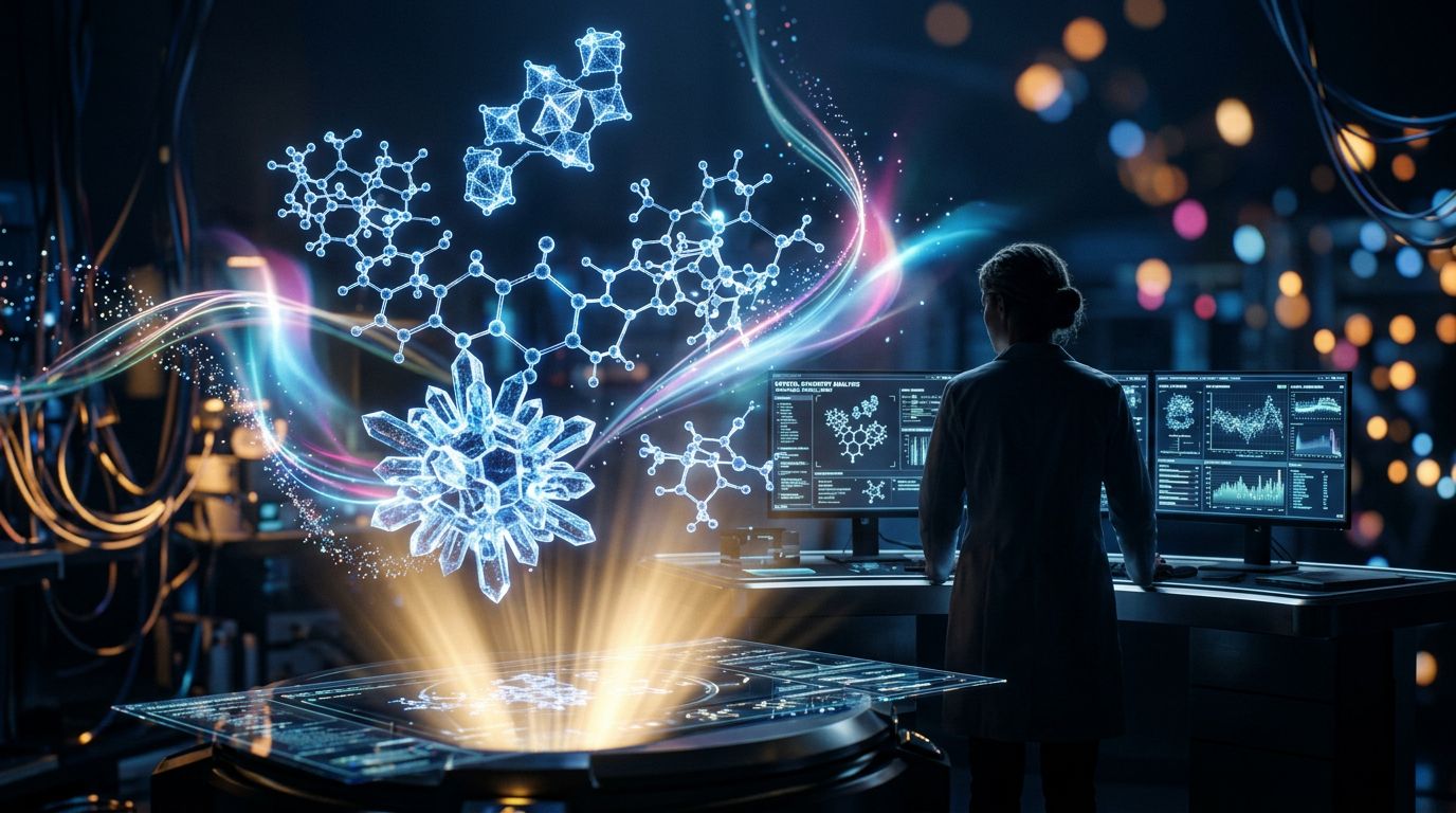 AI visualization of algorithmically generated crystal structures in a futuristic laboratory