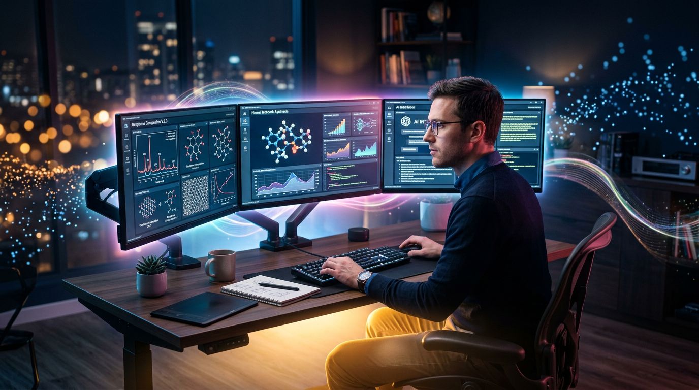 Specialized freelancer analyzing materials research data across multiple screens