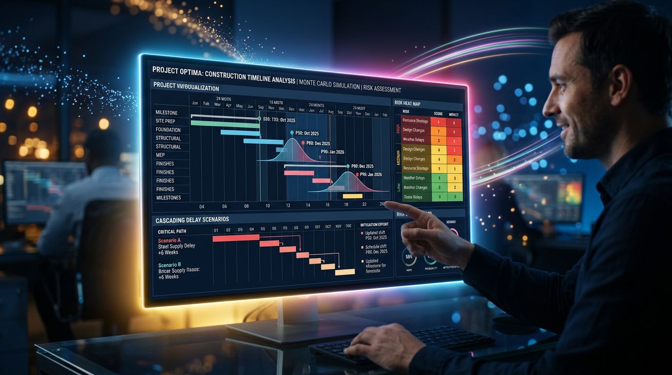Visualisation de simulation Monte Carlo pour planification de chantier avec courbes de probabilité et analyse des risques